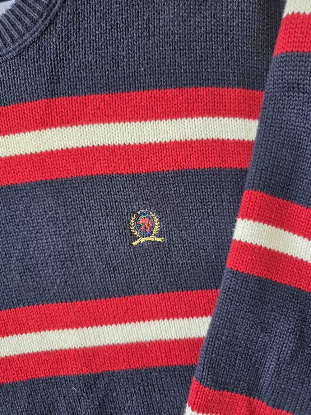 Tommy Hilfiger Men’s XXL Striped Crest Sweater Navy Red Cream Preppy Y2K